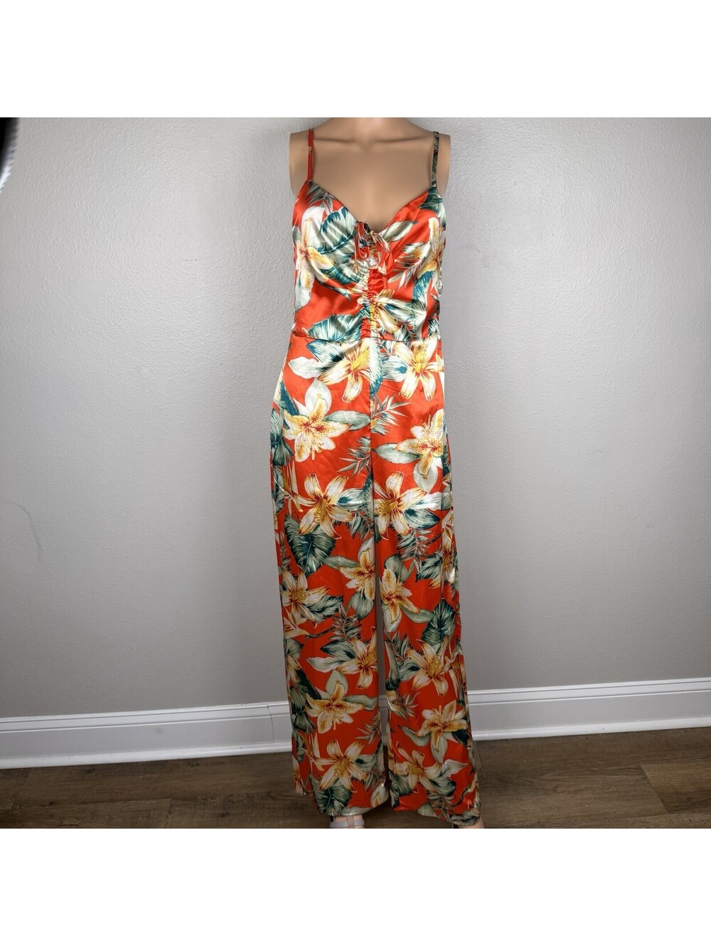 Haute Monde Floral Jumpsuit Women’s S Red Tropical Wide Leg Lace Up Boho